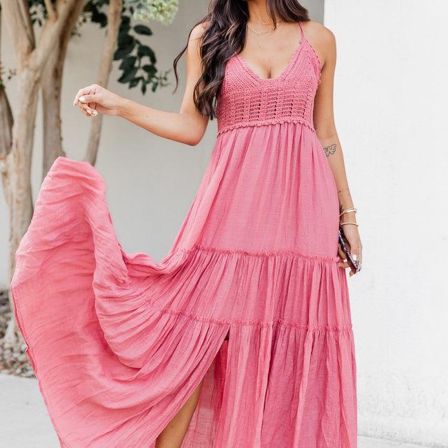 Let's Fly Away Mauve Crochet Knit Panel Tiered Maxi Dress FINAL SALE Product Image