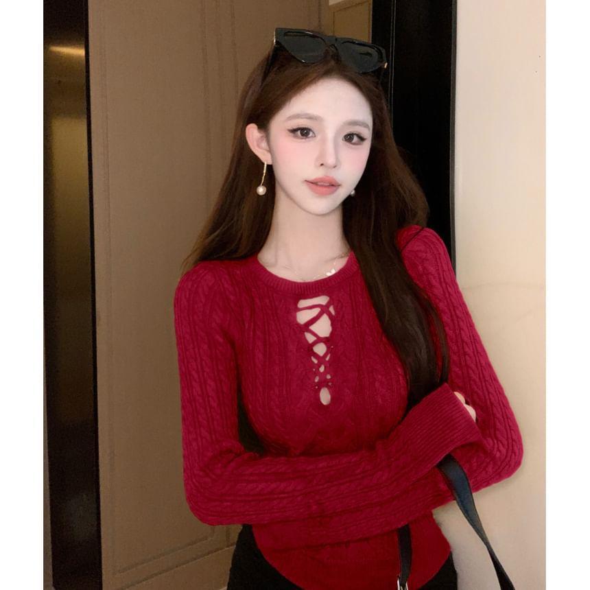 Long-Sleeve Round Neck Plain Cutout Cable Knit Slim Fit Top Product Image