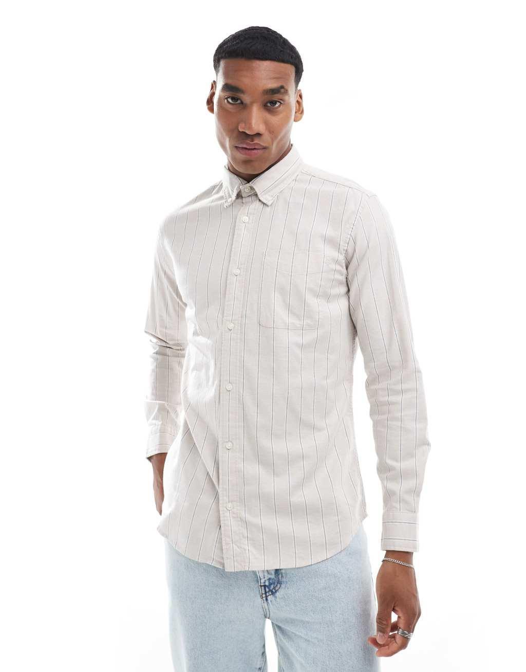 Jack & Jones stripe oxford shirt in beige Product Image