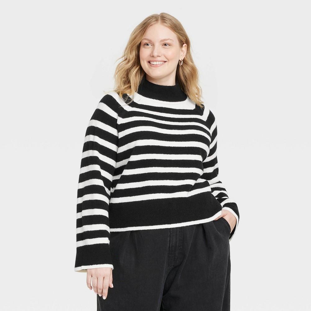 Womens Cozy Knit Mock Turtleneck Pullover Sweater - Universal Thread Black Striped 3X Product Image