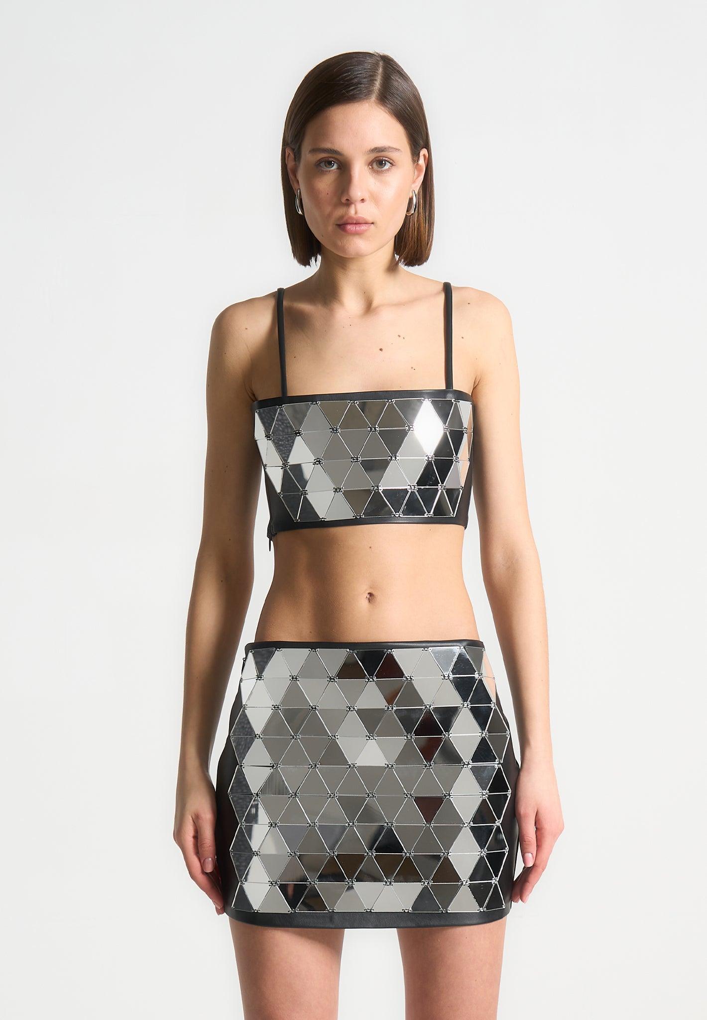 Vegan Leather Mirrored Bandeau Top - Silver/Black Female Product Image