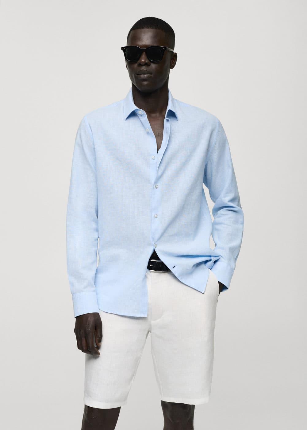 MANGO MAN - Regular-fit striped cotton-linen shirt sky blueMen Product Image