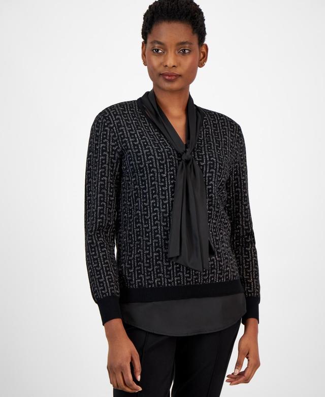 Anne Klein Womens Layered Jacquard Shimmer Sweater Product Image