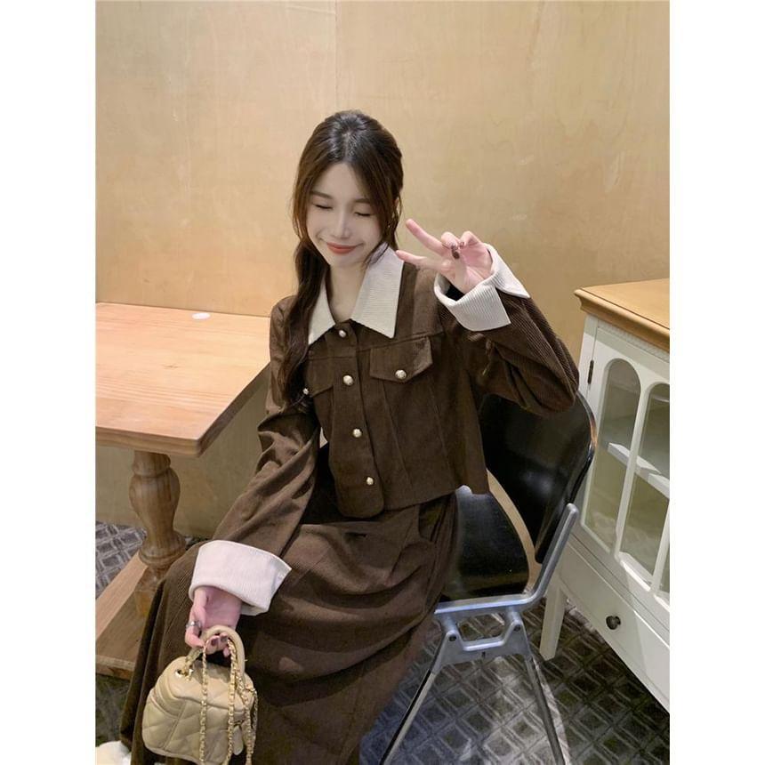 Collared Contrast Trim Button-Up Corduroy Crop Jacket / High Rise Plain Pleated Midi A-Line Skirt Product Image