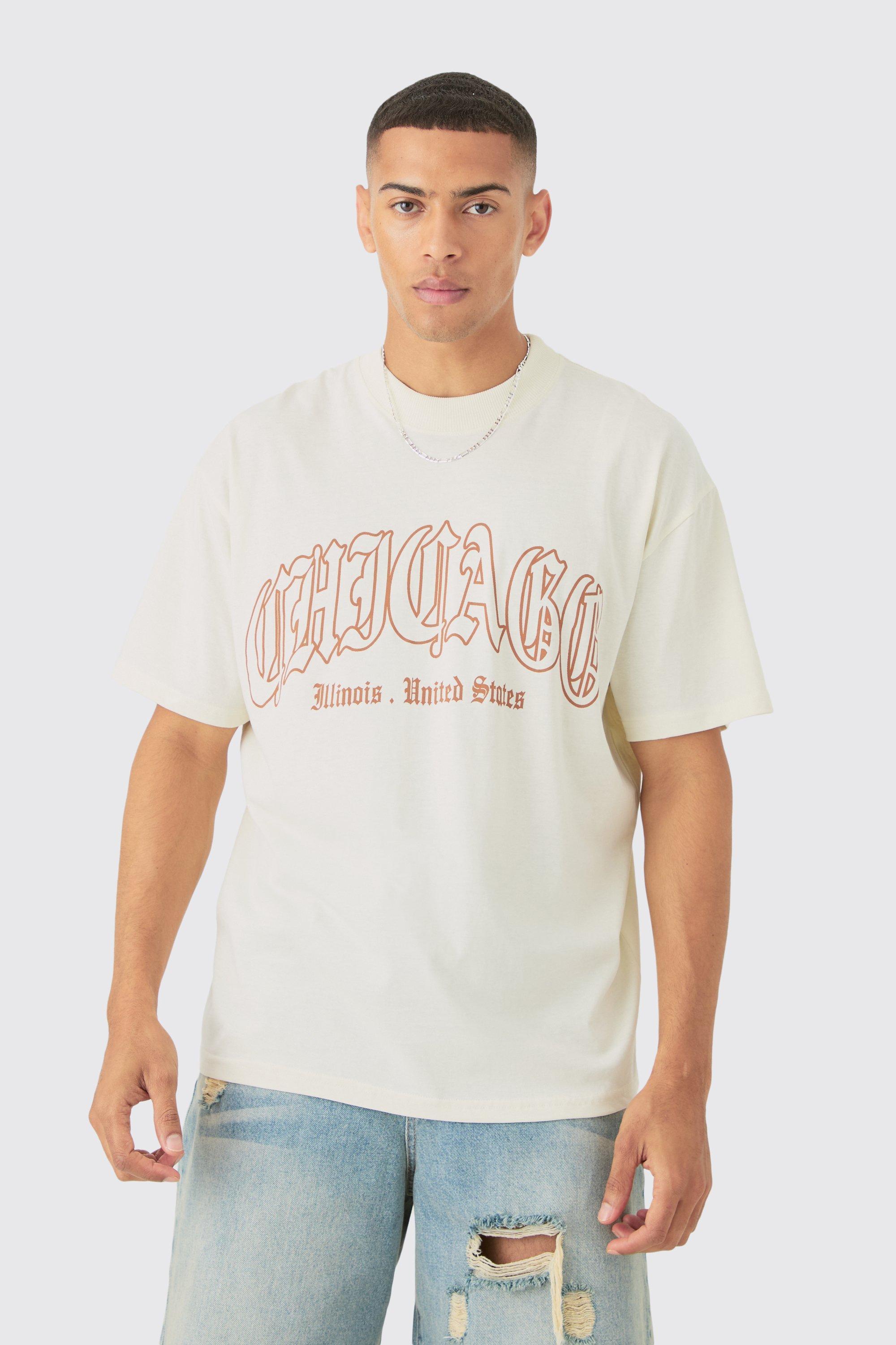 Mens Beige Oversized Chicago Print T-shirt, Beige product image