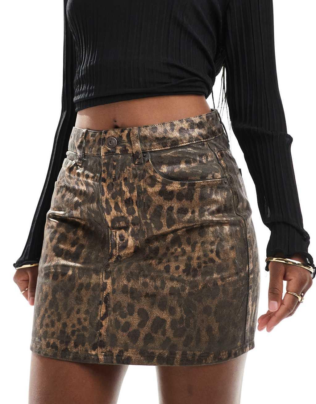 ASOS DESIGN denim mini skirt in metallic leopard print Product Image