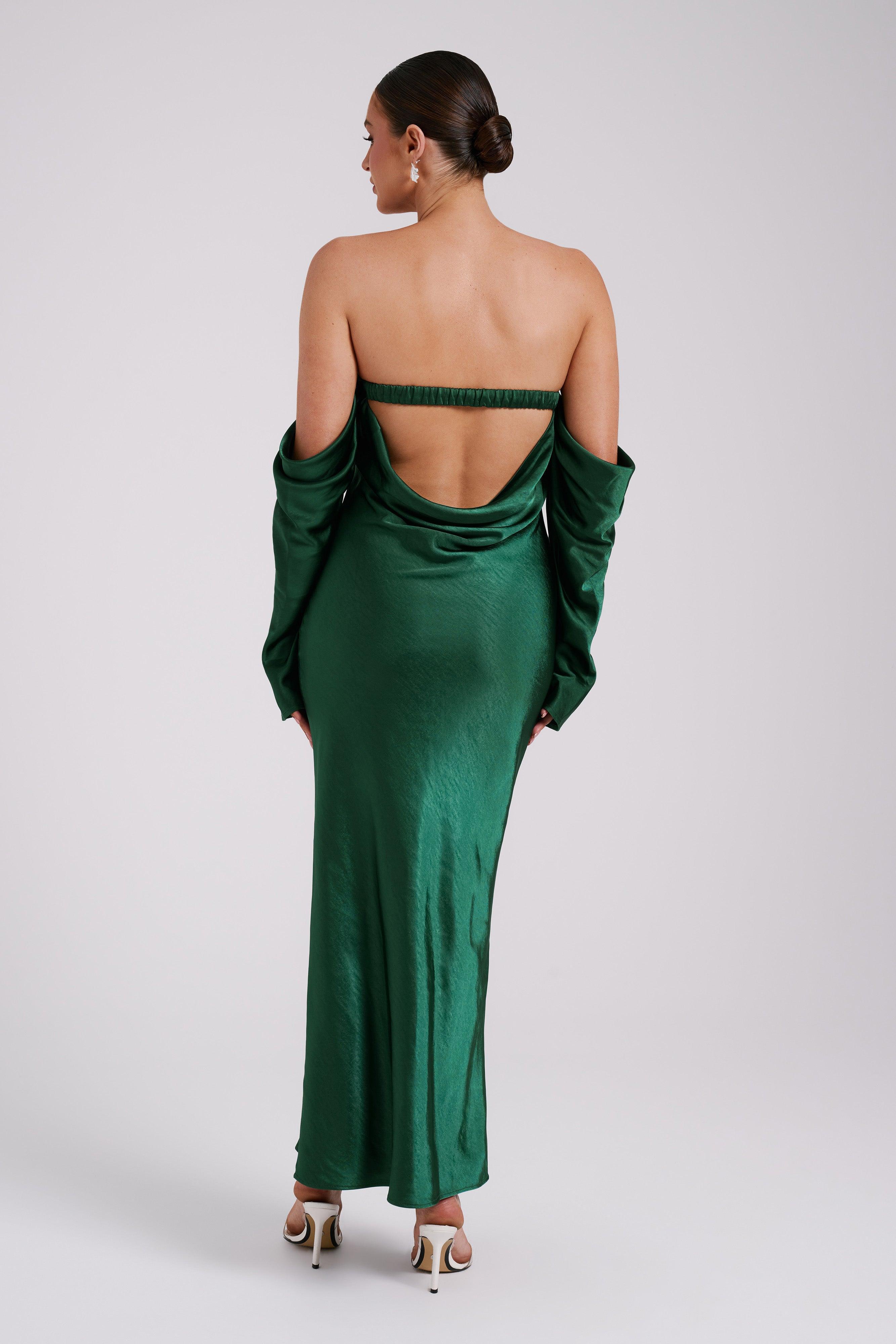 Vee Off Shoulder Satin Midi Dress - Emerald Product Image