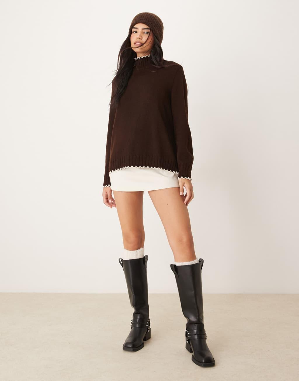 ASOS DESIGN blanket stitch high neck sweater in chocolate Product Image