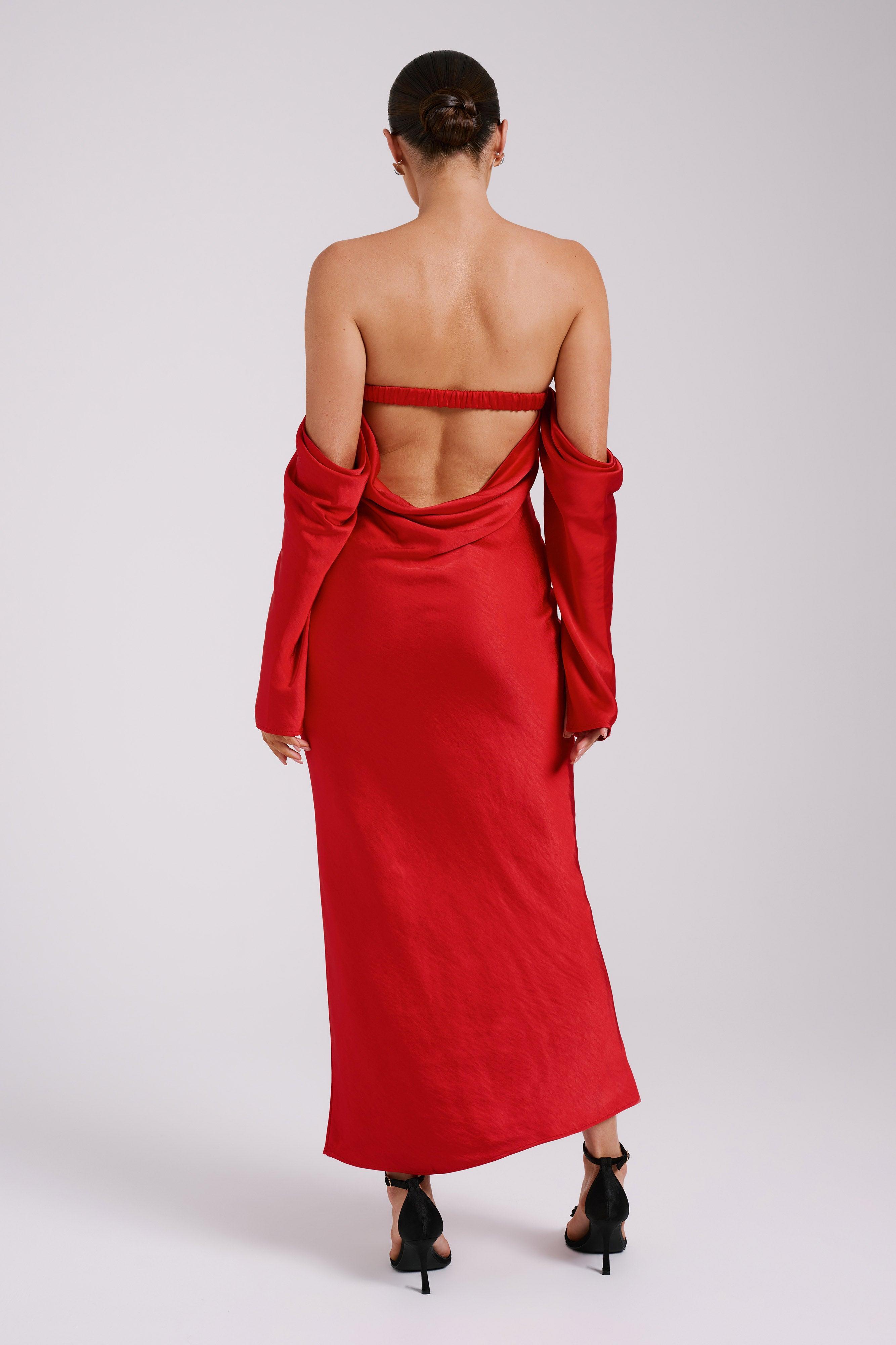 Vee Off Shoulder Satin Midi Dress - Red Product Image