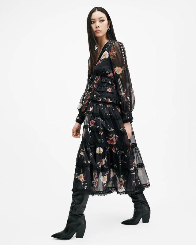 Zora Floral Ruffle Midi Dress Product Image