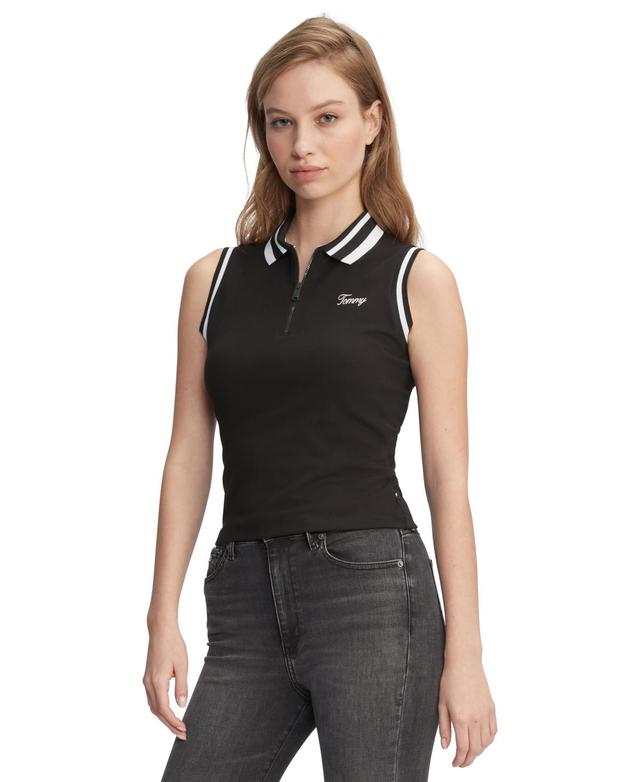 Tommy Jeans Womens Striped-Edge Zippered Polo Top Product Image