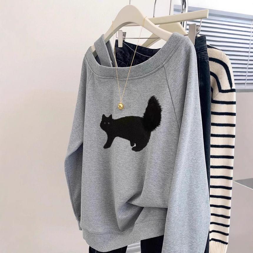 Cold Shoulder Cat Print Asymmetrical Pullover Product Image