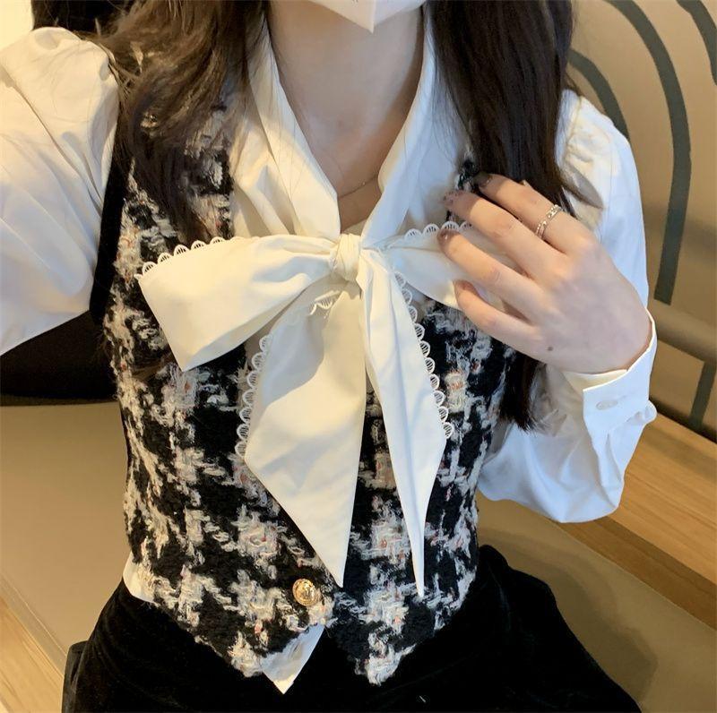 Tie Neck Blouse / Houndstooth Vest / A-Line Skirt Product Image