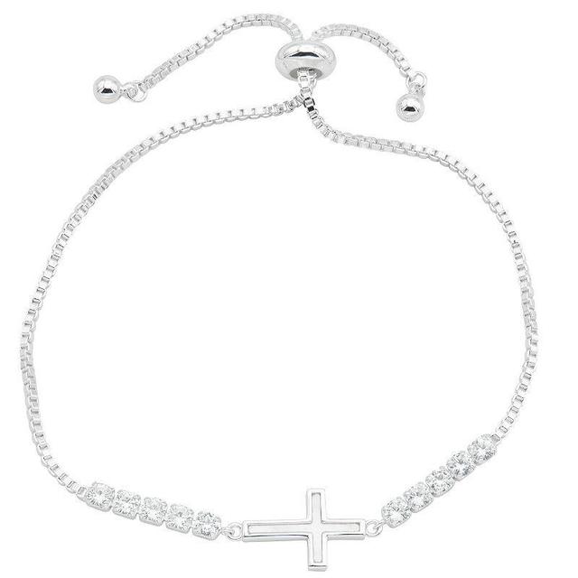 City Luxe Silver Tone Mother of Pearl & Cubic Zirconia Cross Bolo Bracelet, Womens Product Image