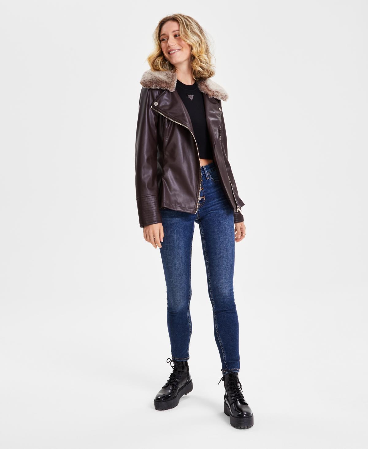 Guess Womens Faux-Fur-Trim Faux-Leather Asymmetric Belted Moto Jacket Product Image