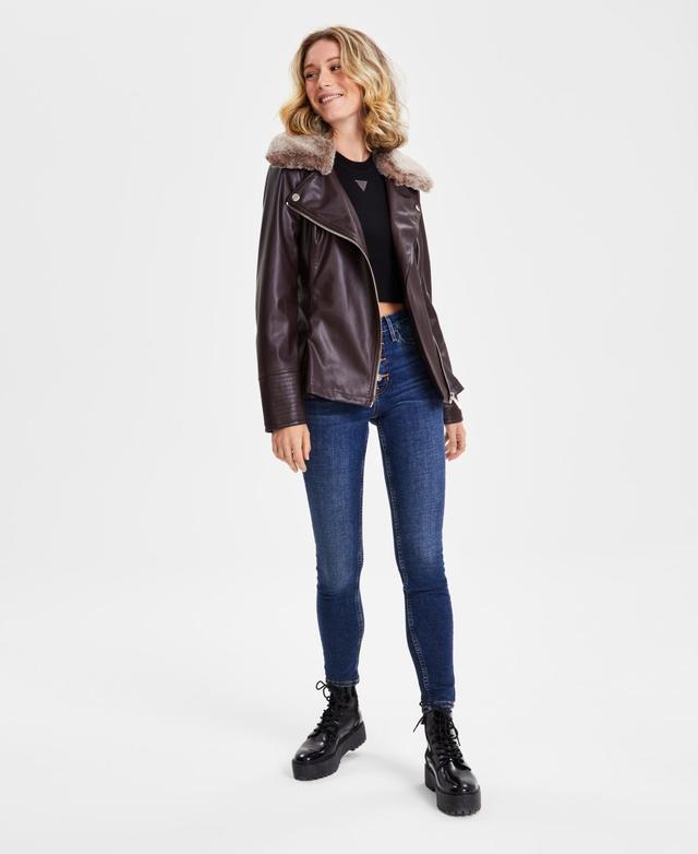 Guess Womens Faux-Fur-Trim Faux-Leather Asymmetric Belted Moto Jacket Product Image