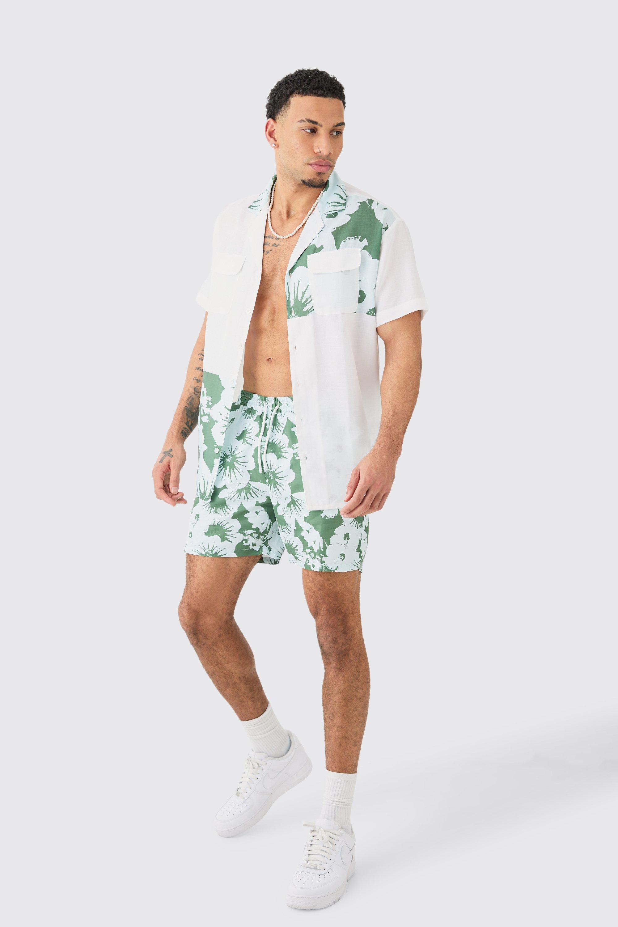 Oversized Printed Shirt And Swim Short Set | boohooMAN USA Product Image