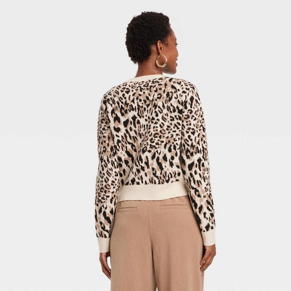 Women's Cozy Knit Cardigan - A New Day™ Brown Leopard Print XS Product Image