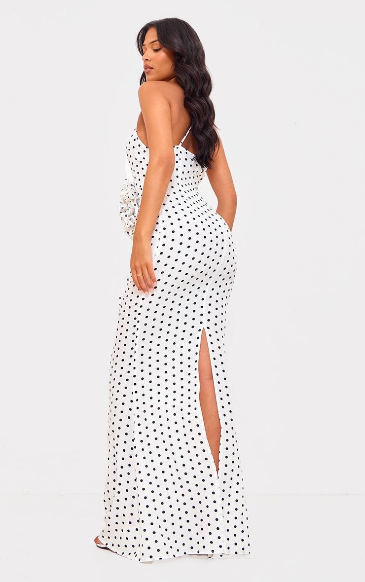 Tall White Polka Dot Satin Rose Detail Maxi Dress Product Image