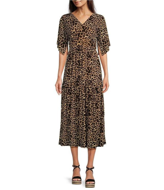 Calessa Stretch Mesh Cheetah Print V-Neck Short Sleeve Tiered A-Line Dress Product Image