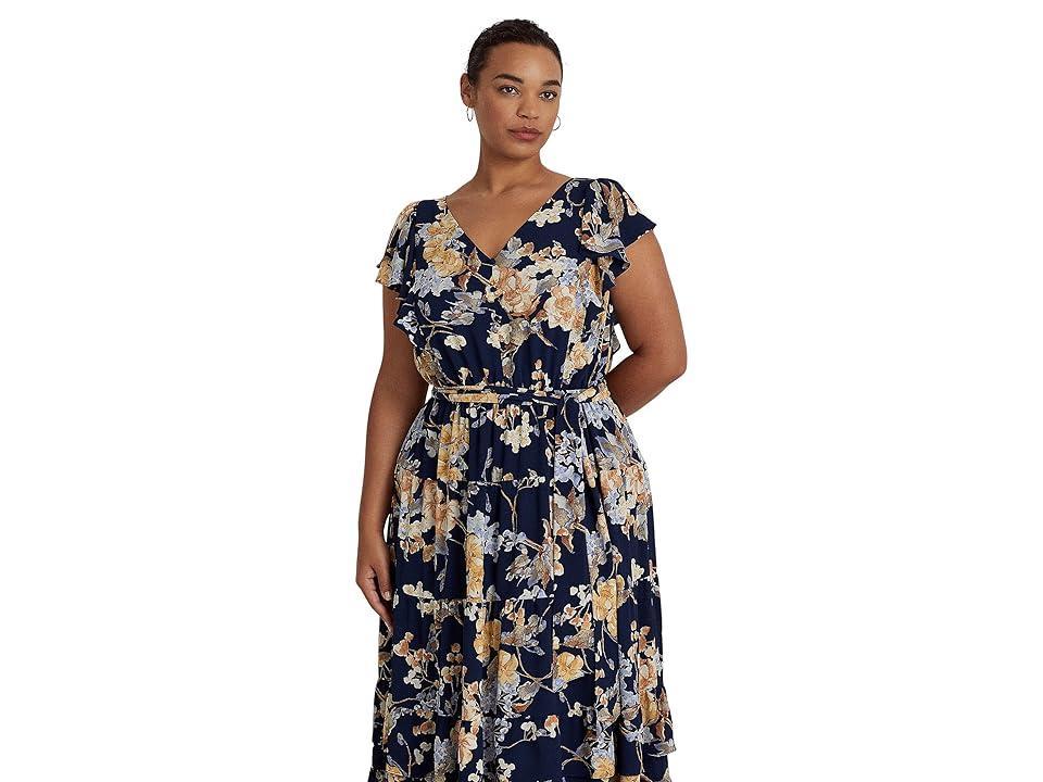 LAUREN Ralph Lauren Plus Size Floral Bubble Crepe Dress (Navy Multi) Women's Dress Product Image