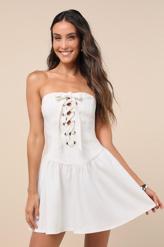 Infinite Allure White Strapless Lace-Up Drop Waist Mini Dress Product Image