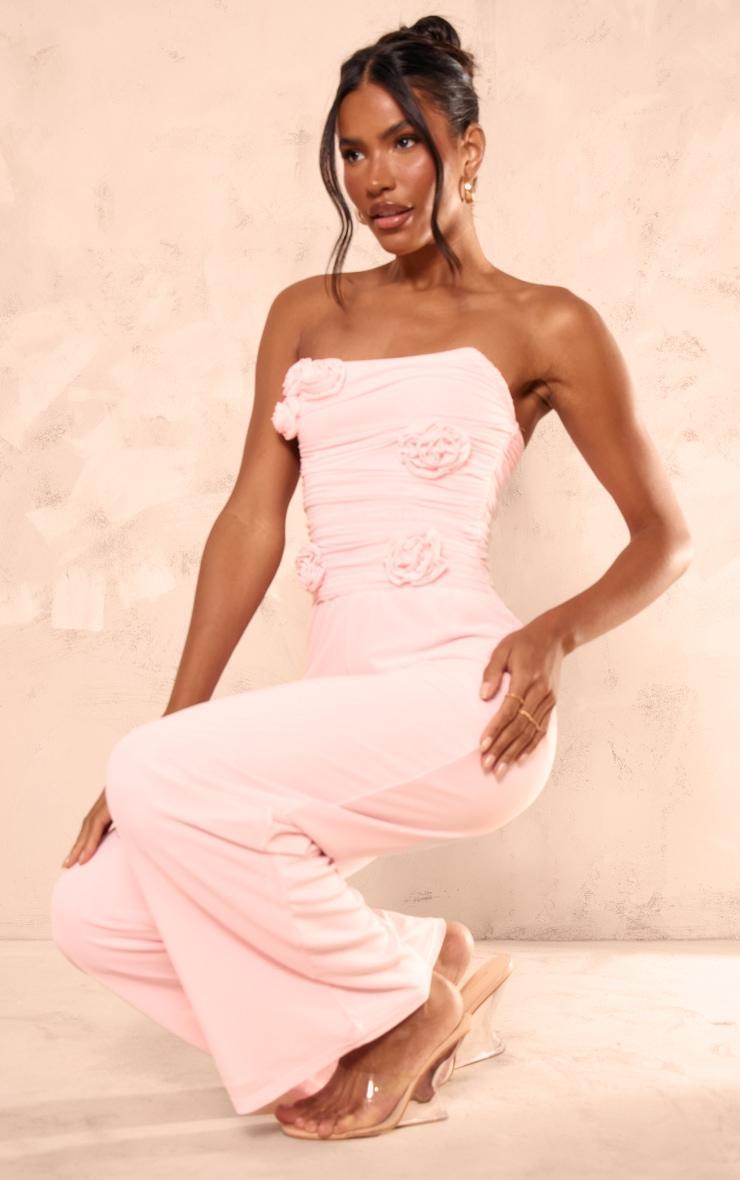 Pale Pink Mesh Overlay Bandeau Rose Applique Jumpsuit Product Image