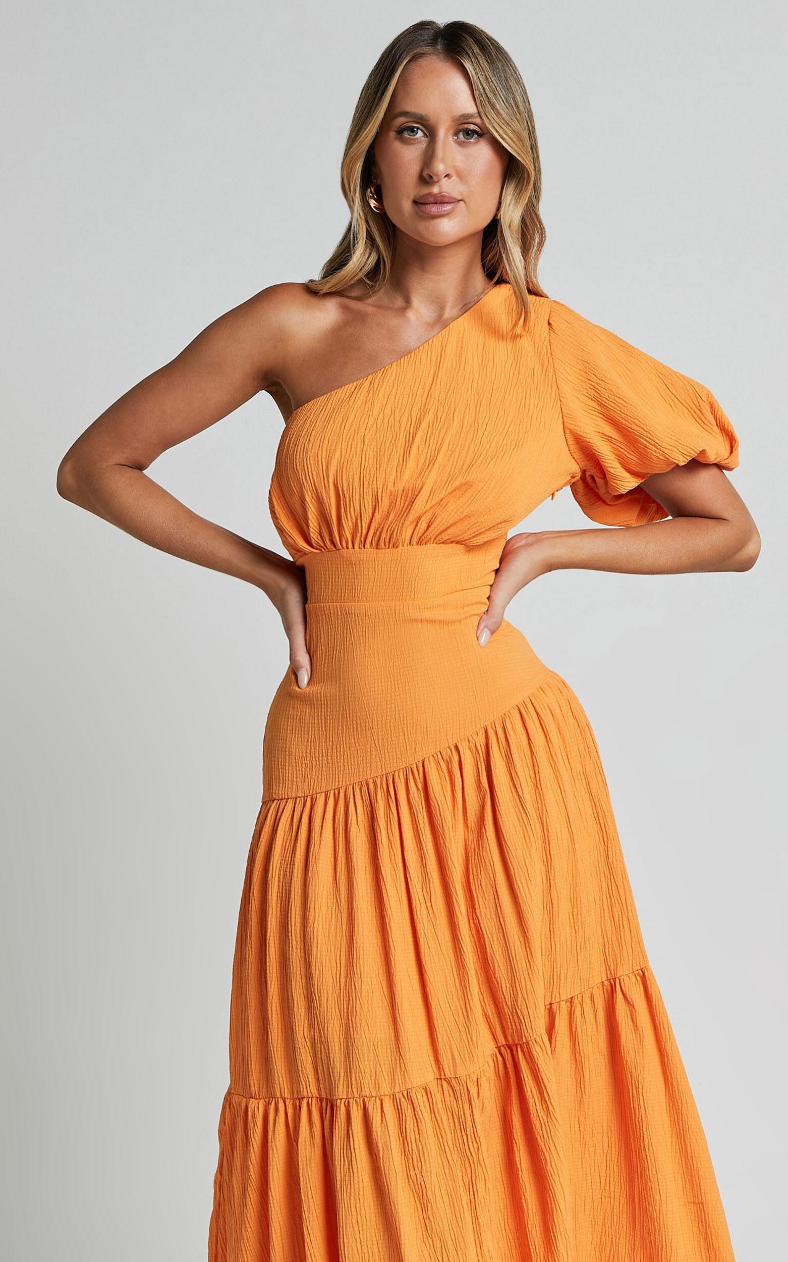 Ciara Midi Dress - One Shoulder Short Puff Sleeve Tiered Dress in Mango Product Image