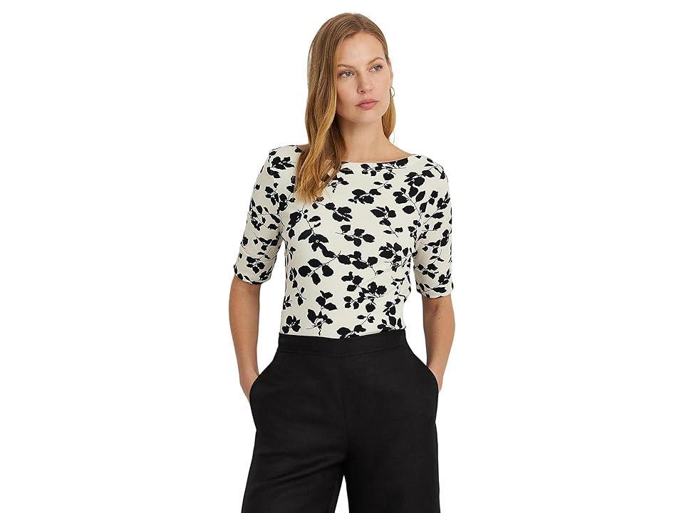 LAUREN Ralph Lauren Leaf-Print Stretch Cotton Boatneck Tee (Cream/Black) Women's Clothing Product Image