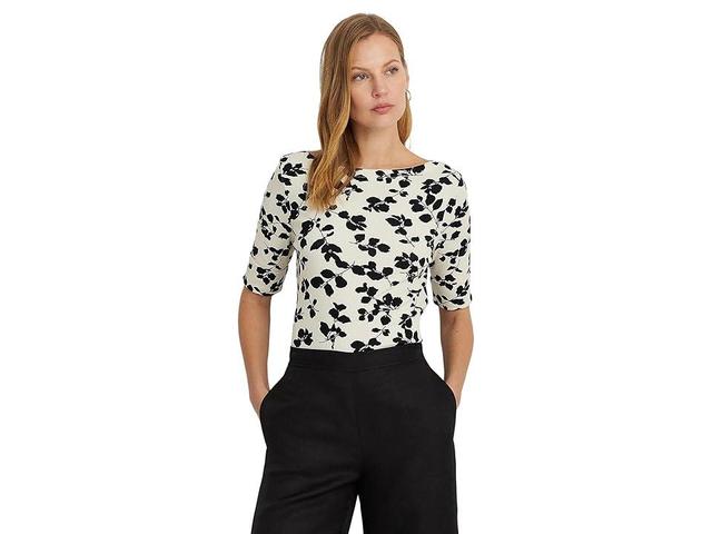 Lauren Ralph Lauren Leaf-Print Stretch Cotton Boatneck Tee (Cream/Black) Women's Clothing Product Image