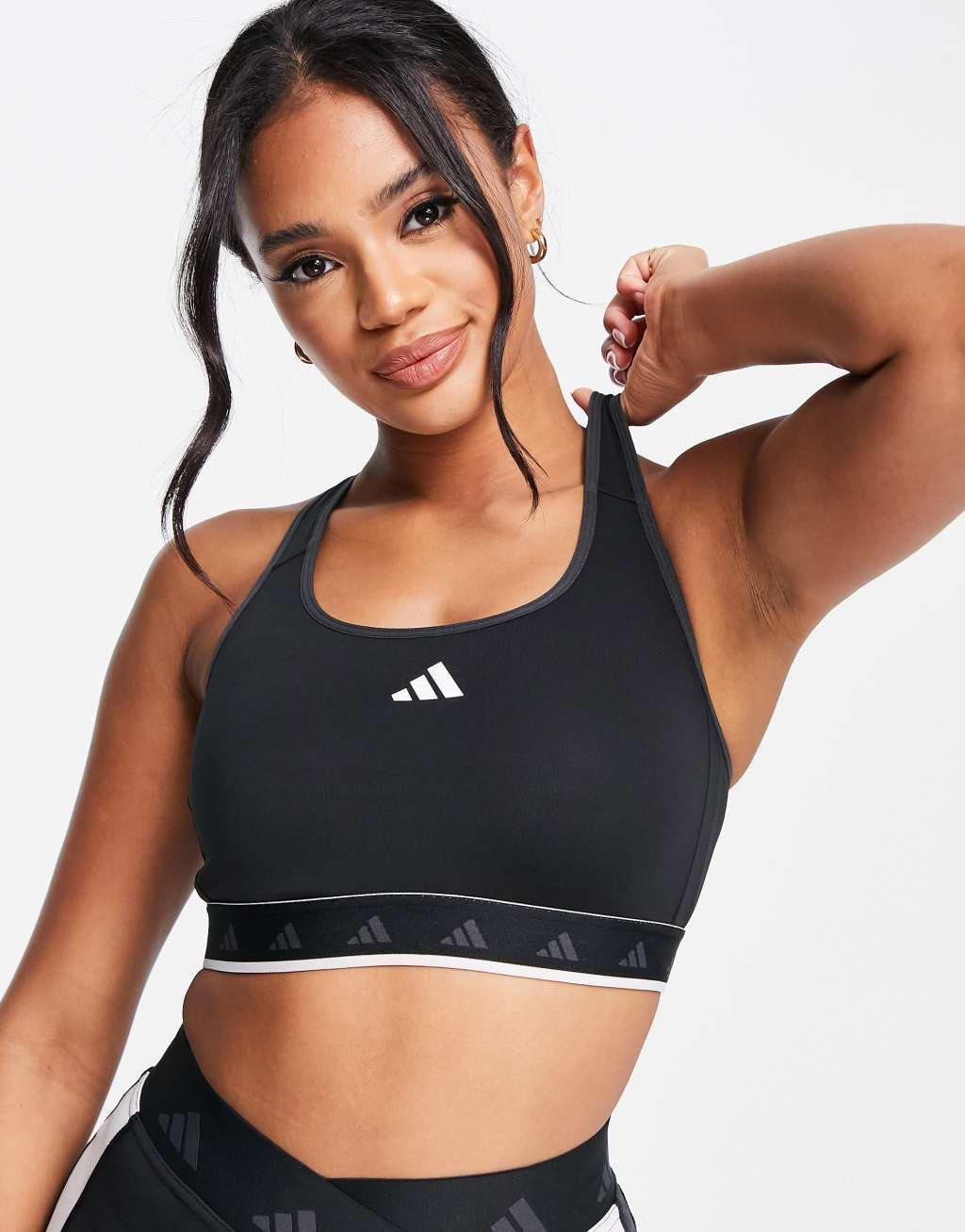 adidas Training Techfit color block mid-support sports bra in black and white Product Image