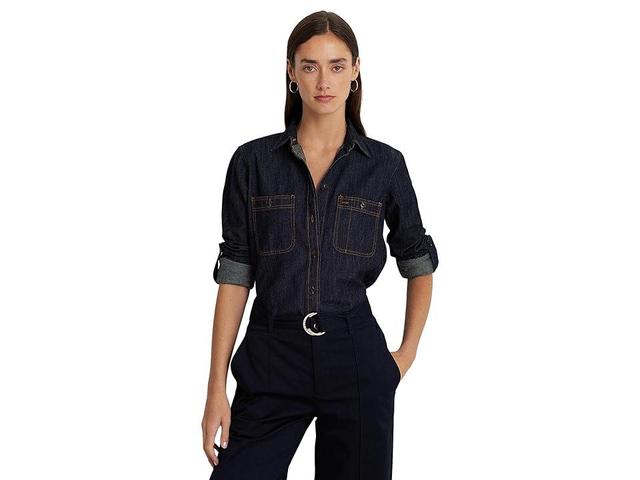 Lauren Ralph Lauren Petite Striped Cotton Shirt (Dark Rinse Wash) Women's Clothing Product Image