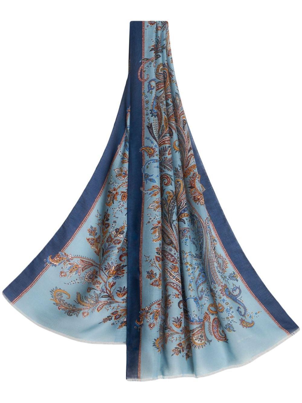 Paisley-print Frayed-edge Cashmere-blend Scarf In Blue Product Image