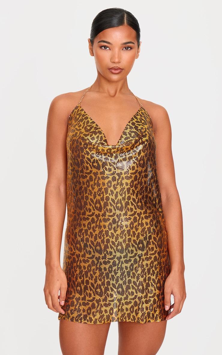 Brown Leopard Print Chainmail Cowl Shift Dress Product Image