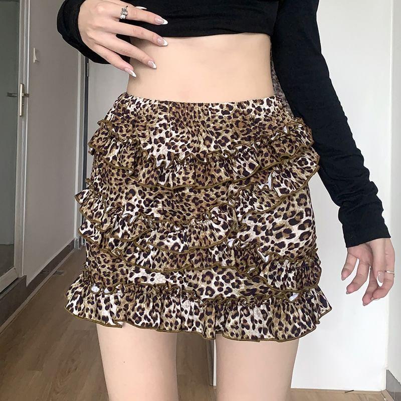 High Rise Leopard Ruffle Trim  A-Line Mini Skirt Product Image