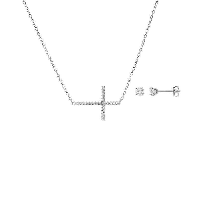 PRIMROSE Sterling Silver Cubic Zirconia Cross Necklace & Stud Earrings Set, Womens Silver Tone White Product Image