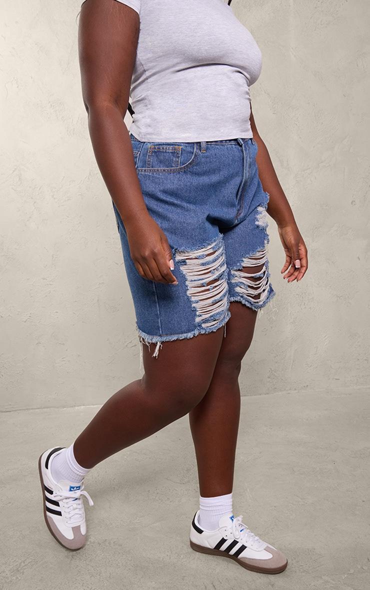 Plus Mid Blue Wash Distressed Longline Boyfriend Shorts Product Image