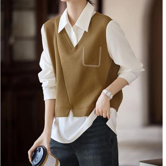 Mock Two-Piece Long-Sleeve Two Tone Knit Shirt Product Image