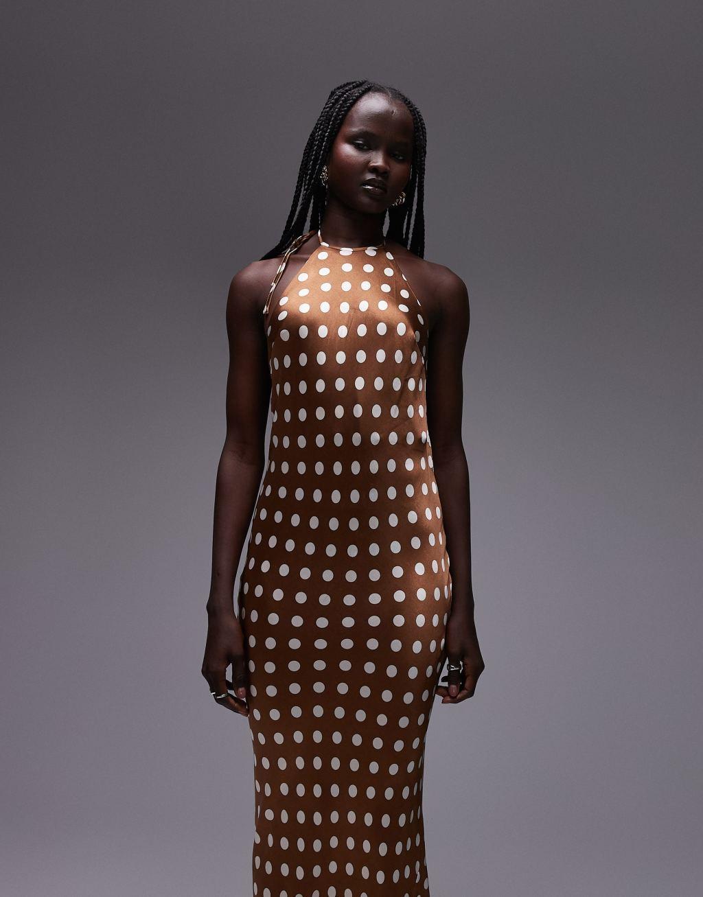 Topshop polka dot halter neck maxi dress in brown Product Image