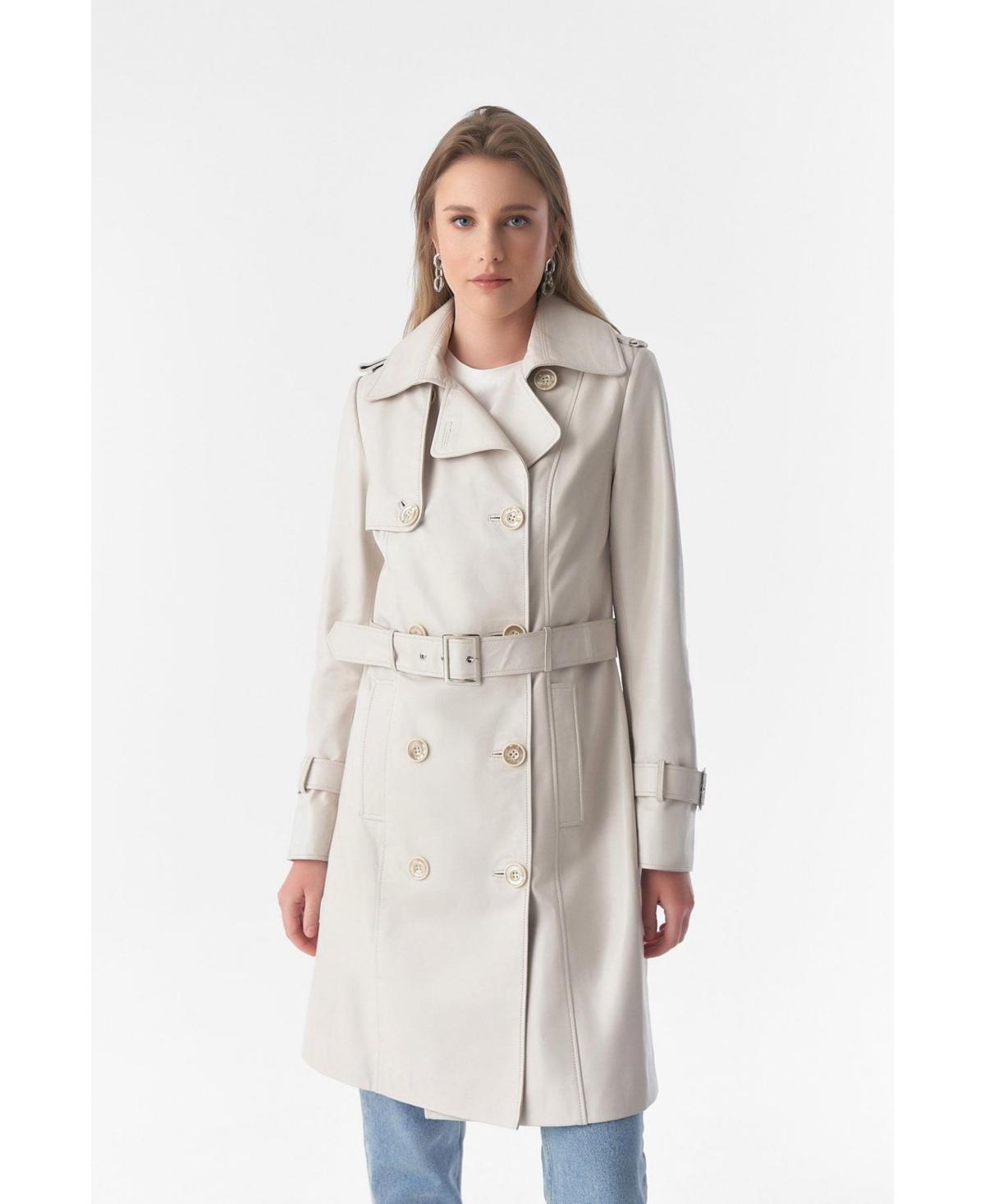 Women's Genuine Leather Trench Coat, Beige Product Image