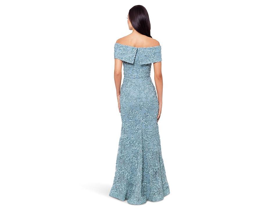 XSCAPE Off The Shoulder Long Lace Dress (Sage) Women's Dress Product Image