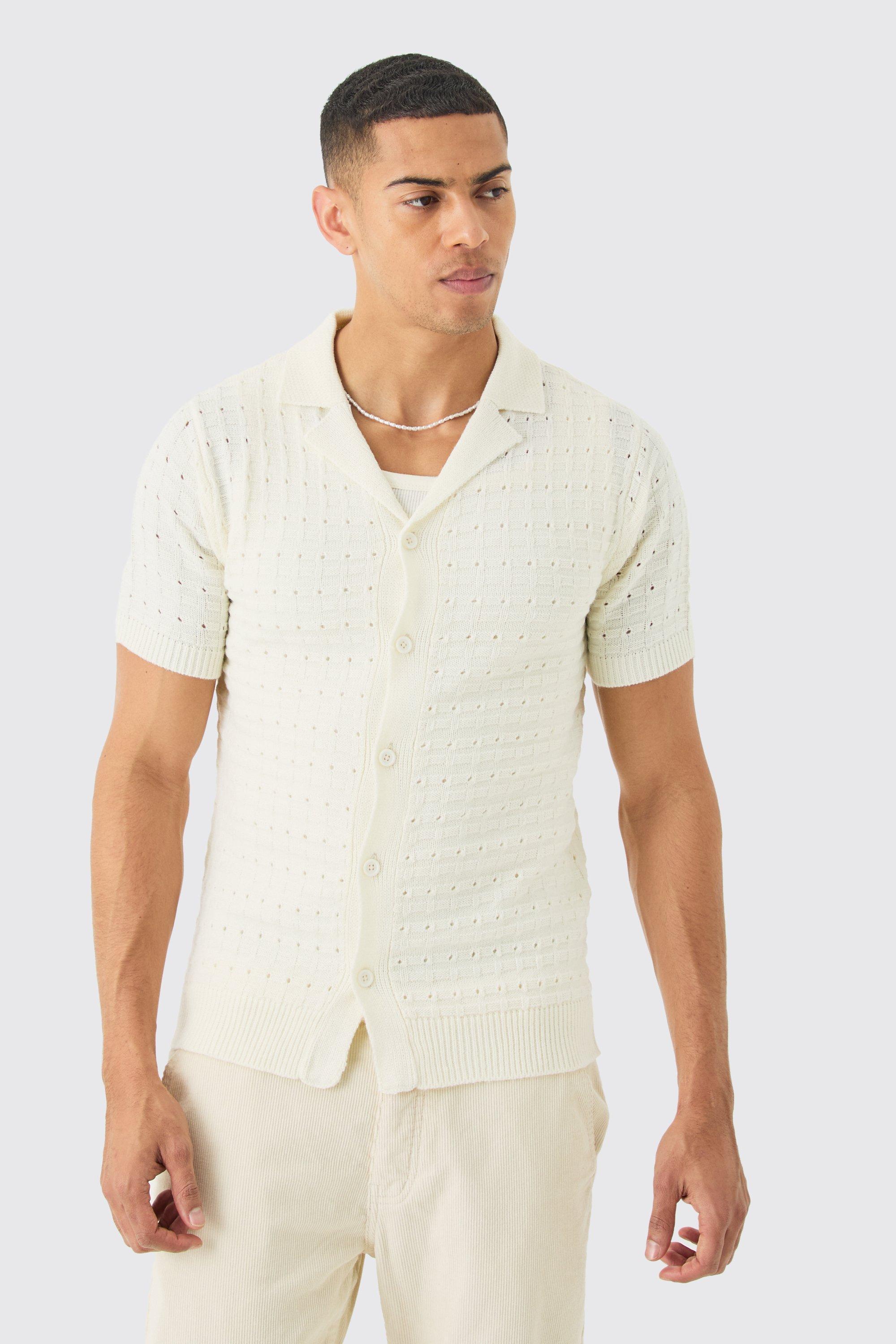 Mens White Open Stitch Button Down Knitted Shirt In Cream, White Product Image