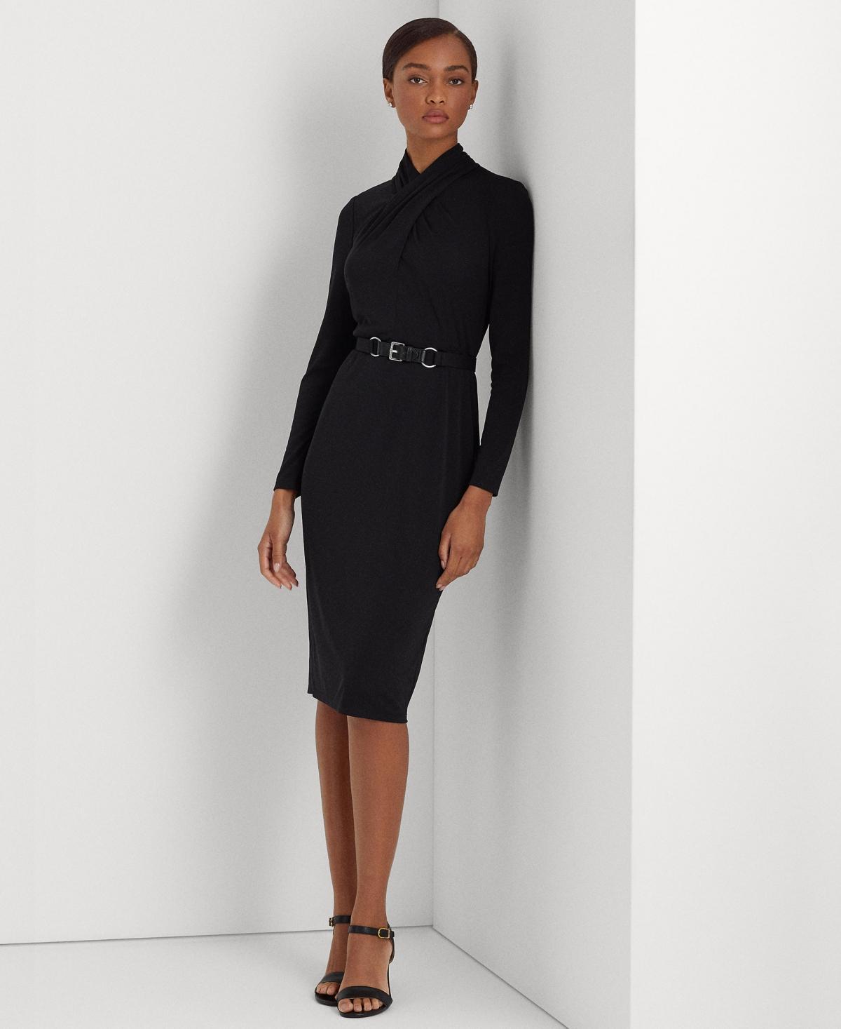 Lauren Ralph Lauren Womens Belted Mockneck Long-Sleeve Stretch Jersey Dress Product Image