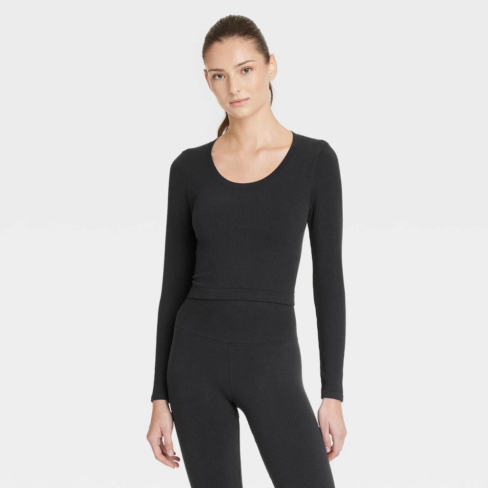 Womens Seamless Ribbed Cropped Long Sleeve Top - All In Motion Black M Product Image