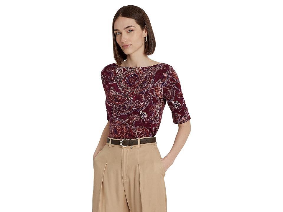 Lauren Ralph Lauren Petite Paisley Stretch Cotton Boatneck Top Multi) Women's Clothing Product Image