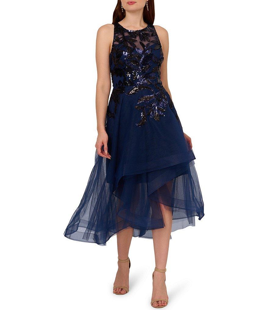 Adrianna Papell Sequin Tulle Illusion Boat Neck Sleeveless High Low Tea Dress Product Image