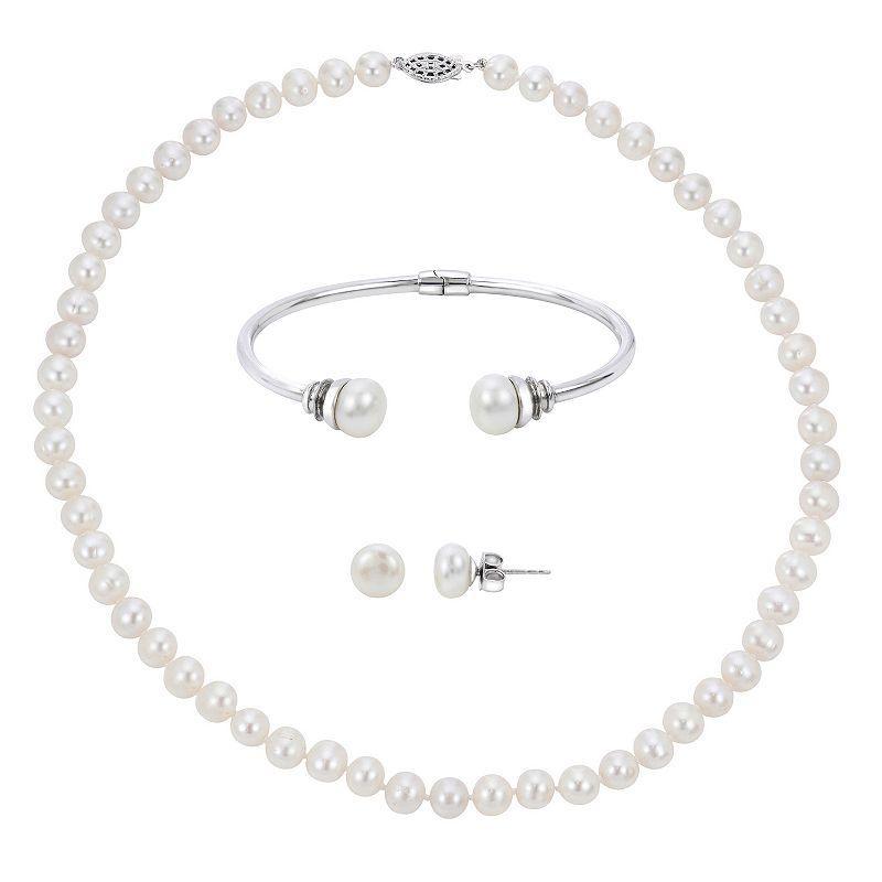 PearLustre by Imperial Sterling Silver Freshwater Cultured Pearl Necklace Bracelet & Stud Earring Set, Womens Product Image