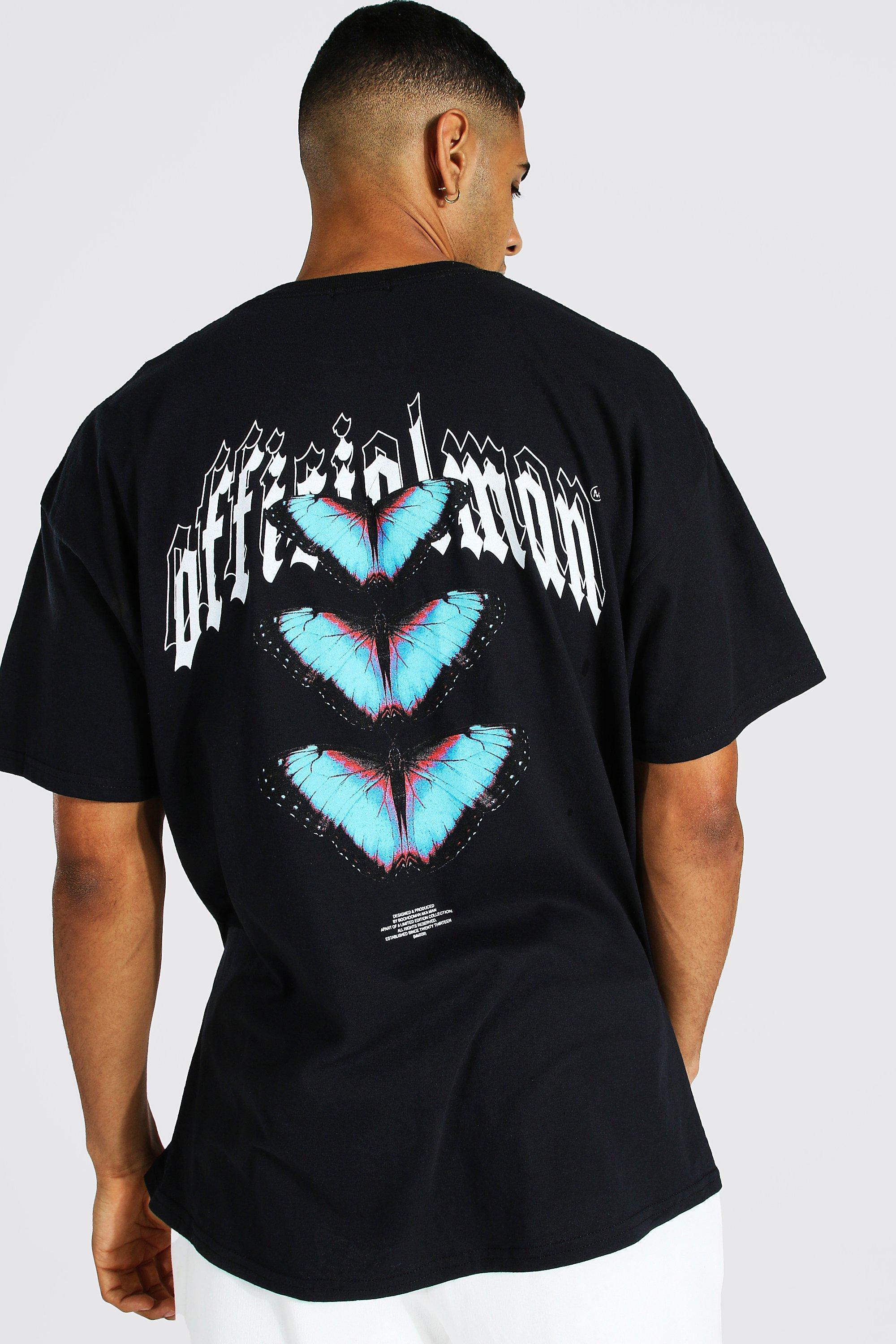 Mens Black Oversize Butterfly Front & Back Print T-shirt, Black Product Image