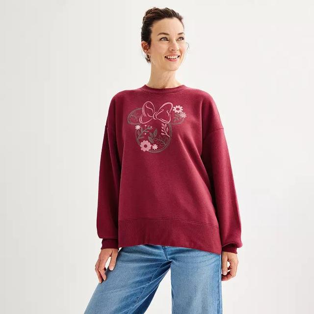 Disneys Minnie Mouse Womens Floral Portrait Graphic Crewneck Sweatshirt Red Product Image