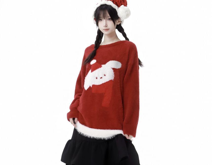 Round Neck Christmas Rabbit Patterned Sweater Product Image